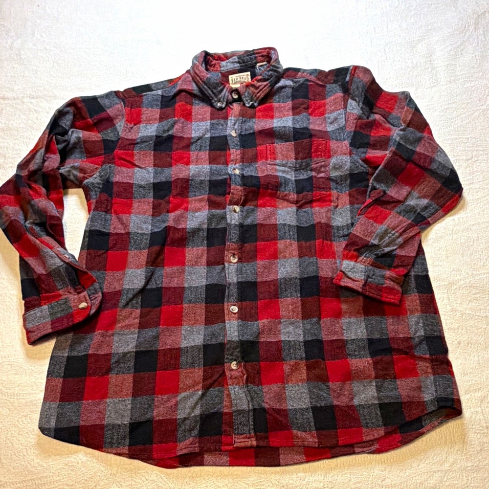 RedHead Brand Co Mens XL Red Black Gray Plaid Flannel Cotton Shirt 602F909
